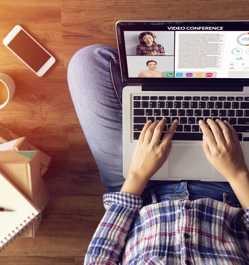 work from home. people making video conference with colleague via laptop computer during home quarantine to avoid spreading illness transmission of COVID-19 Coronavirus outbreak. Social distancing