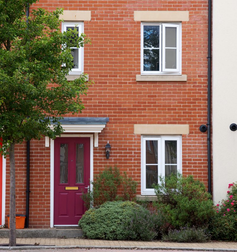 Residential terrace houses or flats in a town or city, England.