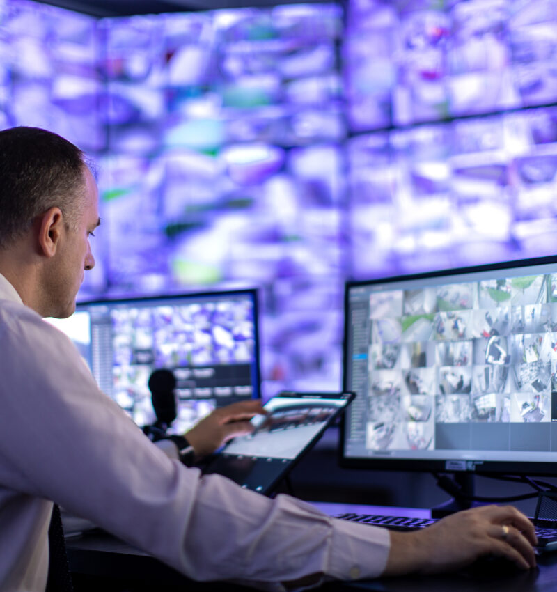 Mature adult man working in surveillance, security and guarding agency and looking at many monitors in front of him.